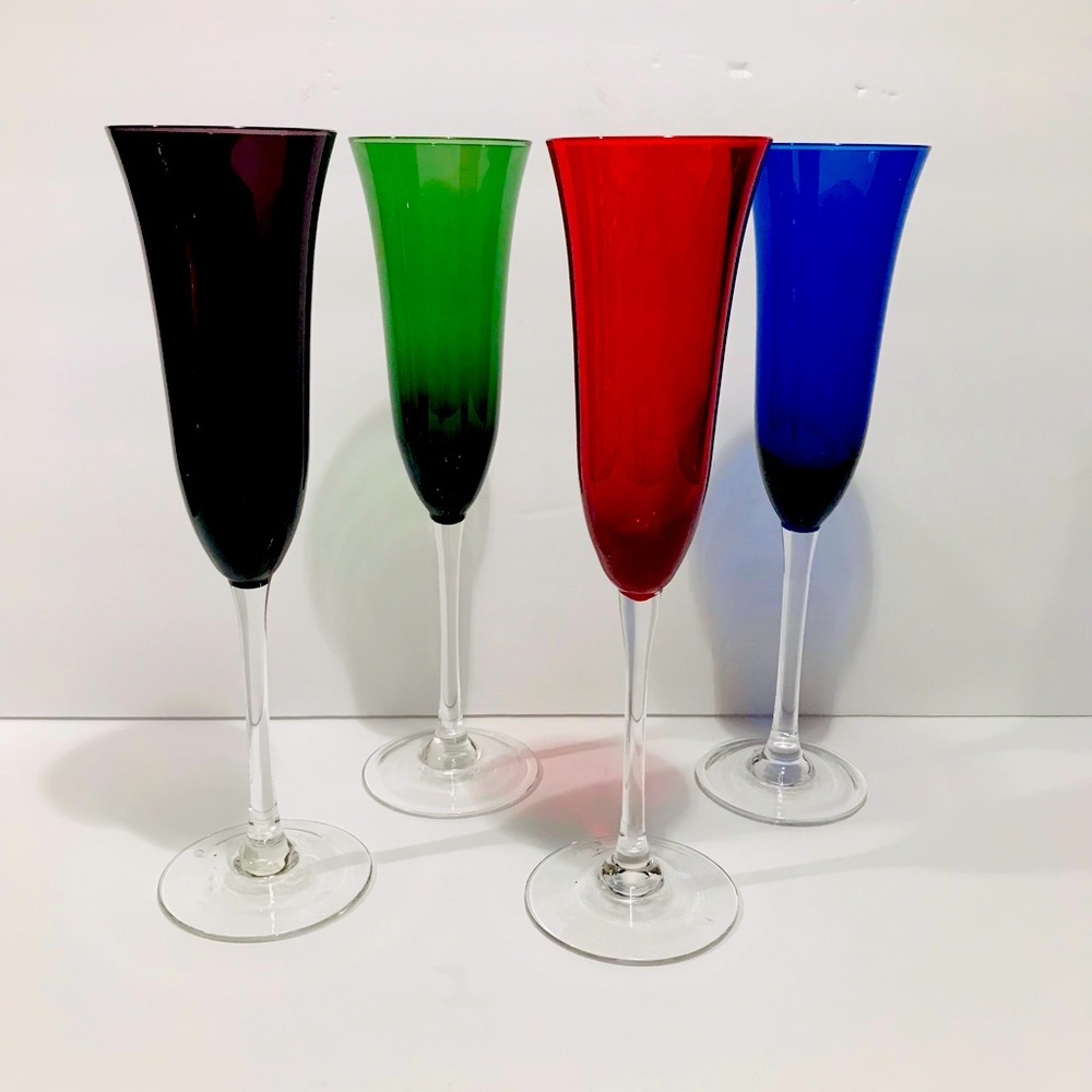 Vtg Bohemia Set of 4 Crystal Champagne Glasses Ruby Red Amethyst Cobalt Green